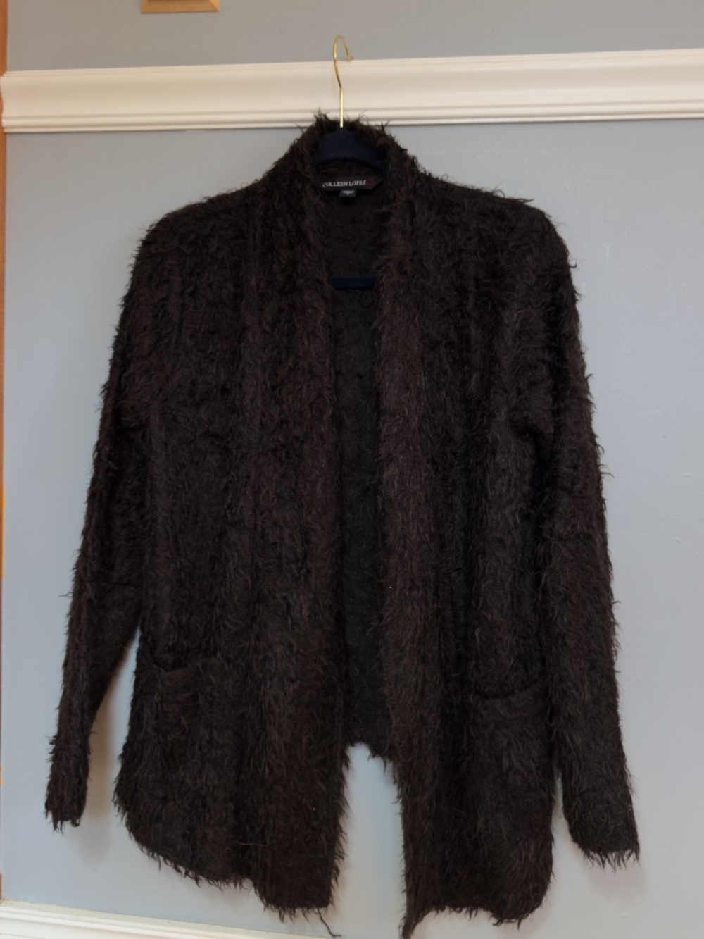Colleen Lopez Black Shaggy Eyelash Knit Cardigan Womens Small Open Front